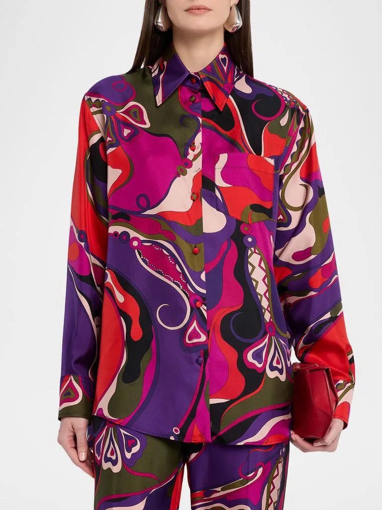 

Блузка Puc Boho с цветным волнообразным принтом, атласная, женская, с длинным рукавом, свободного кроя, на пуговицах, 100% натуральный шелк, высокое качество, шикарная, элегантная