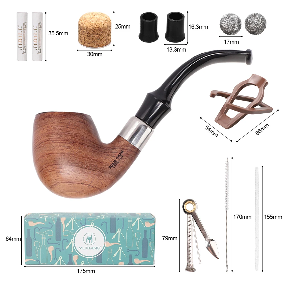 MUXIANG classic tobacco pipe solid wood curved handle pipe with metal fixing ring smoke gift acrylic pipe mouth with clean set