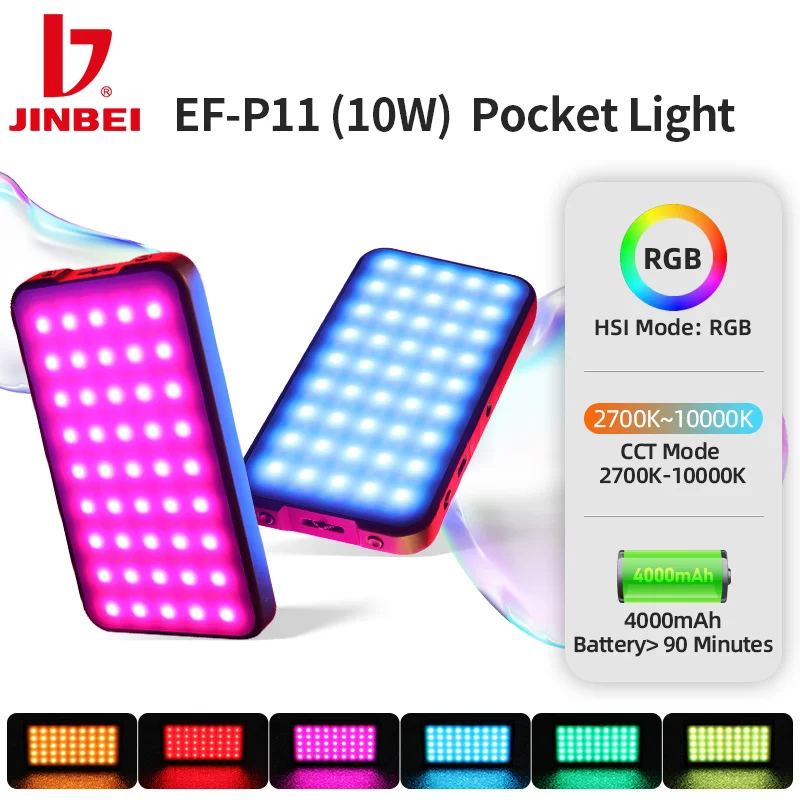 JINBEI EF-P11 RGB LED Video Light 10W Photography Fill Light CRI96+ 2700-10000K LCD Display Fill Camera Lighting Panel for Vlog