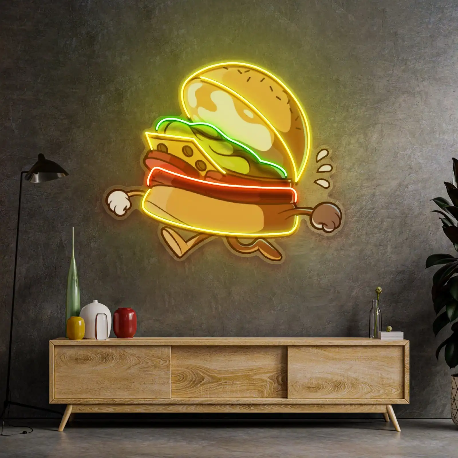 Burger Running Neon Sign Pop Art Wall Art Decor Aesthetics Fast Food Restaurant Neon Bar Club Pub UV Printed USB Sign