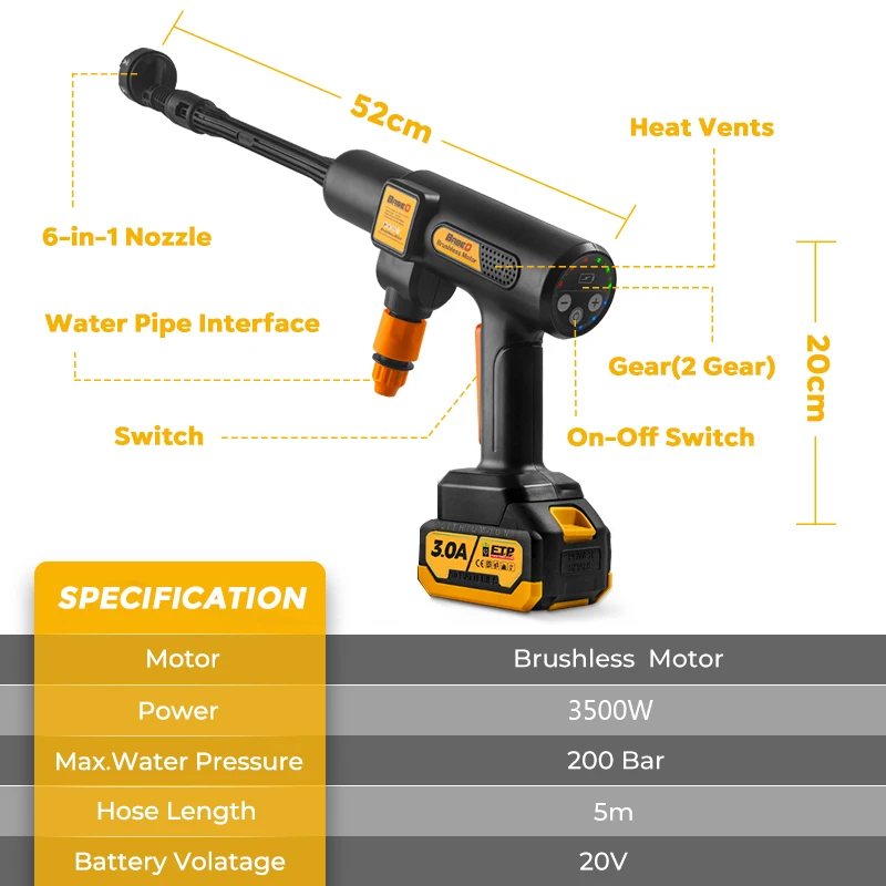 BABEQ 3500W 200Bar Brushless Electric High Pressure Water Gun Household Garden Cordless Rechargeable Tools Upgraded Battery 3.0A