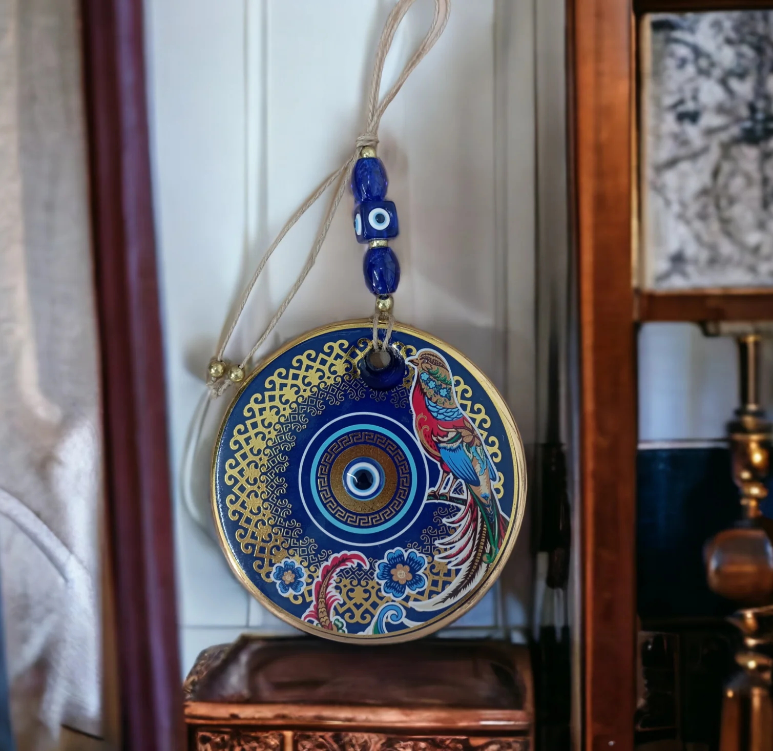 

Gilded Nightingale Bird, Flower and Evil Eye Beaded Wall Ornament Glass Wall Decoration