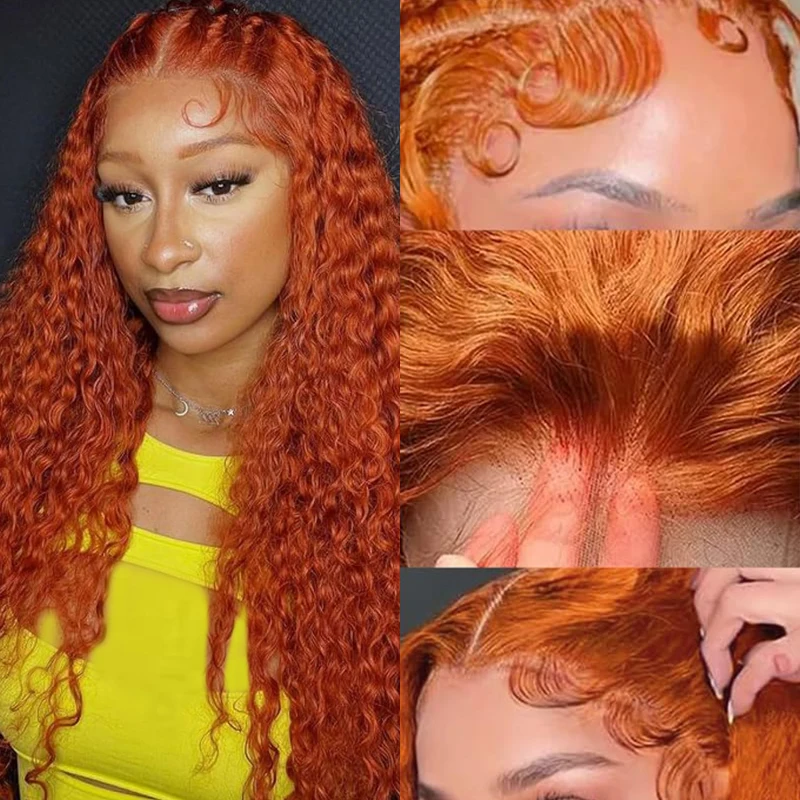 350# Ginger Orange Deep Wave Human Hair Wigs 200% Density 13x6 Lace Front Wig Brazilian Remy Human Hair Water Wave Wig for Women