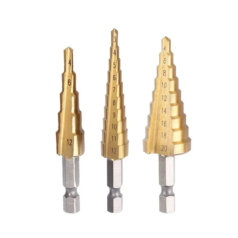 3-12 4 -12 4-20MM HSS Proste wiertło stopniowe Pagoda z rowkami 3 szt. Zestaw wierteł z chwytem sześciokątnym z powłoką tytanową Otwór w drewnie i metalu — zdjęcie 2