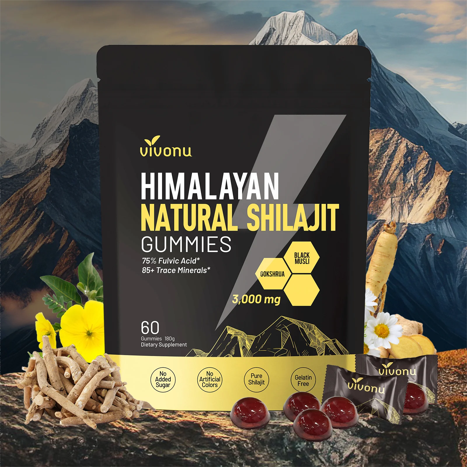 Gomitas de Shilajit del Himalaya puro VIVONU suplemento dietario, unisex para hombres y mujeres: ricas en，componentes herbales, más de 85 oligoelementos, más del 75% de ácido fúlvico, sin azúcar añadido, con una vida