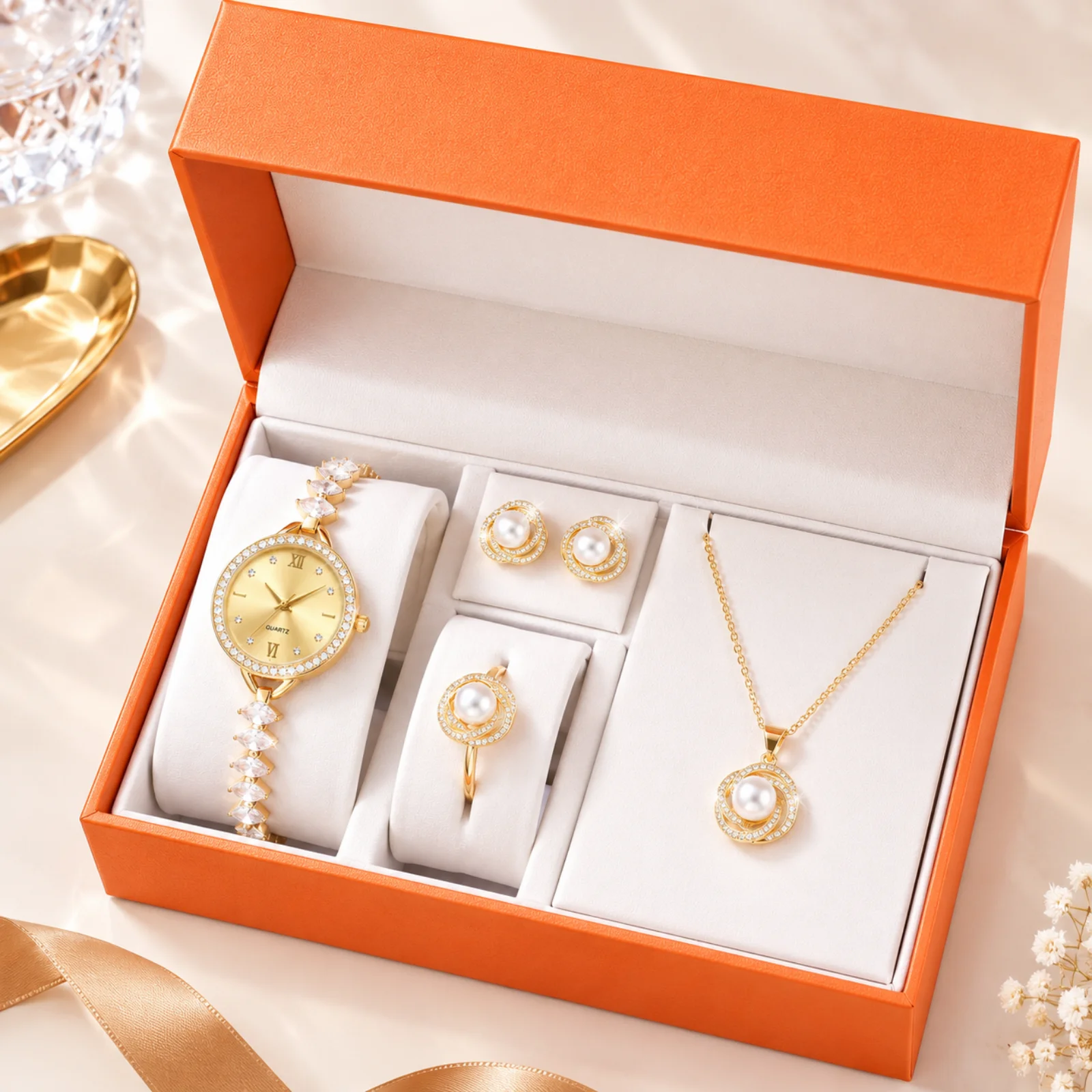 Set di gioielli con orologio da donna al quarzo, composto da orologio, collana, orecchini, anello e cinturino per orologio, confezionato in una elegante scatola regalo, ideale come regalo per