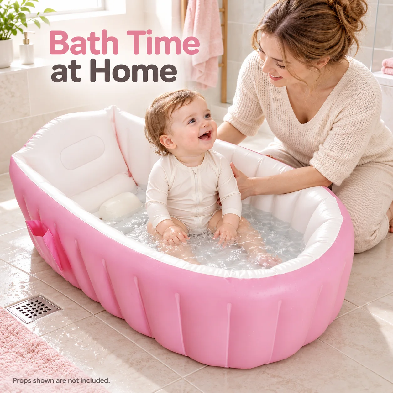 Inflatable Bathtub, Portable Foldable Baby Bath Tub with Backrest and Drain Plug, 98x65x28cm, Pink or Blue, for Home and Travel