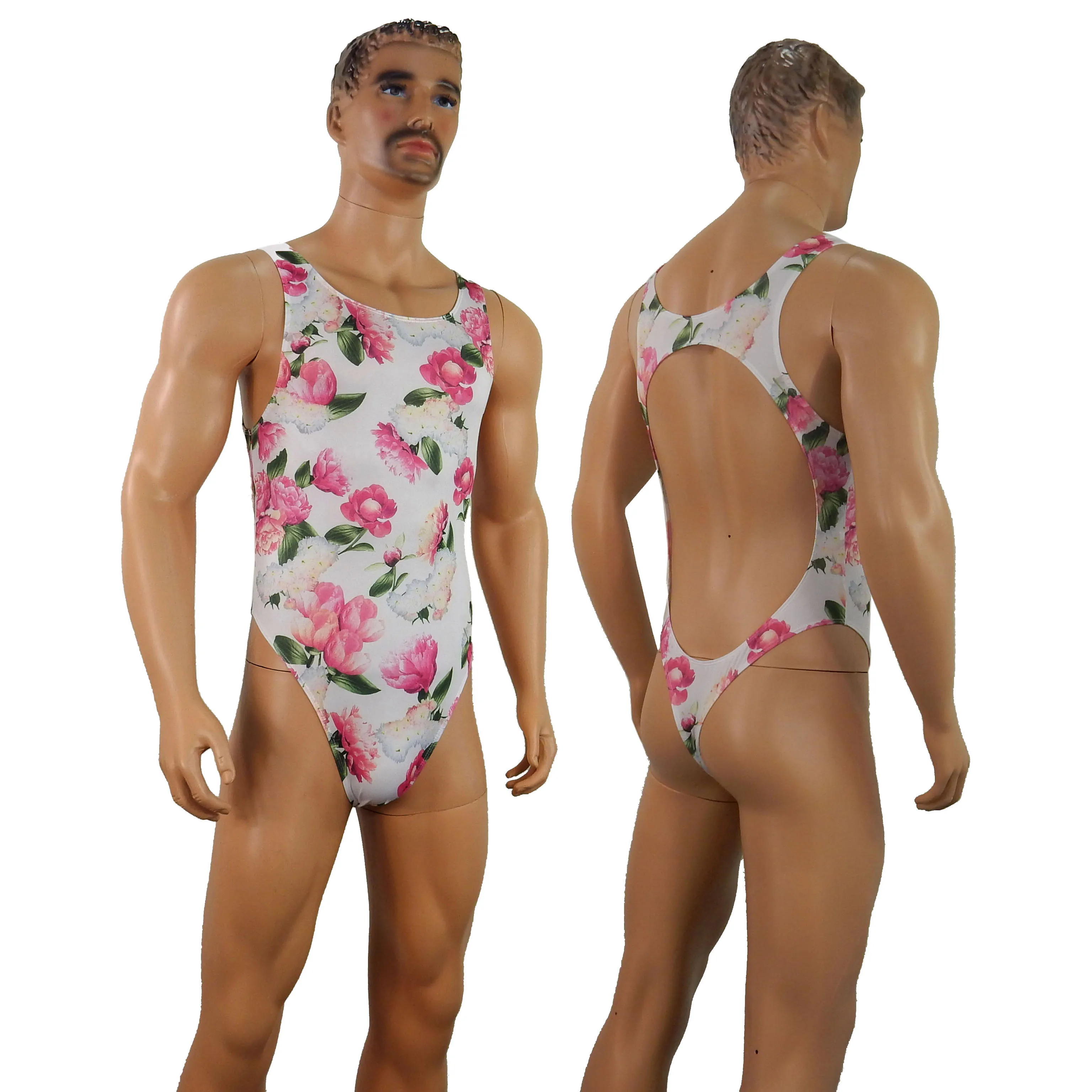 Mens G3934 Flowers Print Thong Leotard bodysuit Hollow back Fashionable Underwear