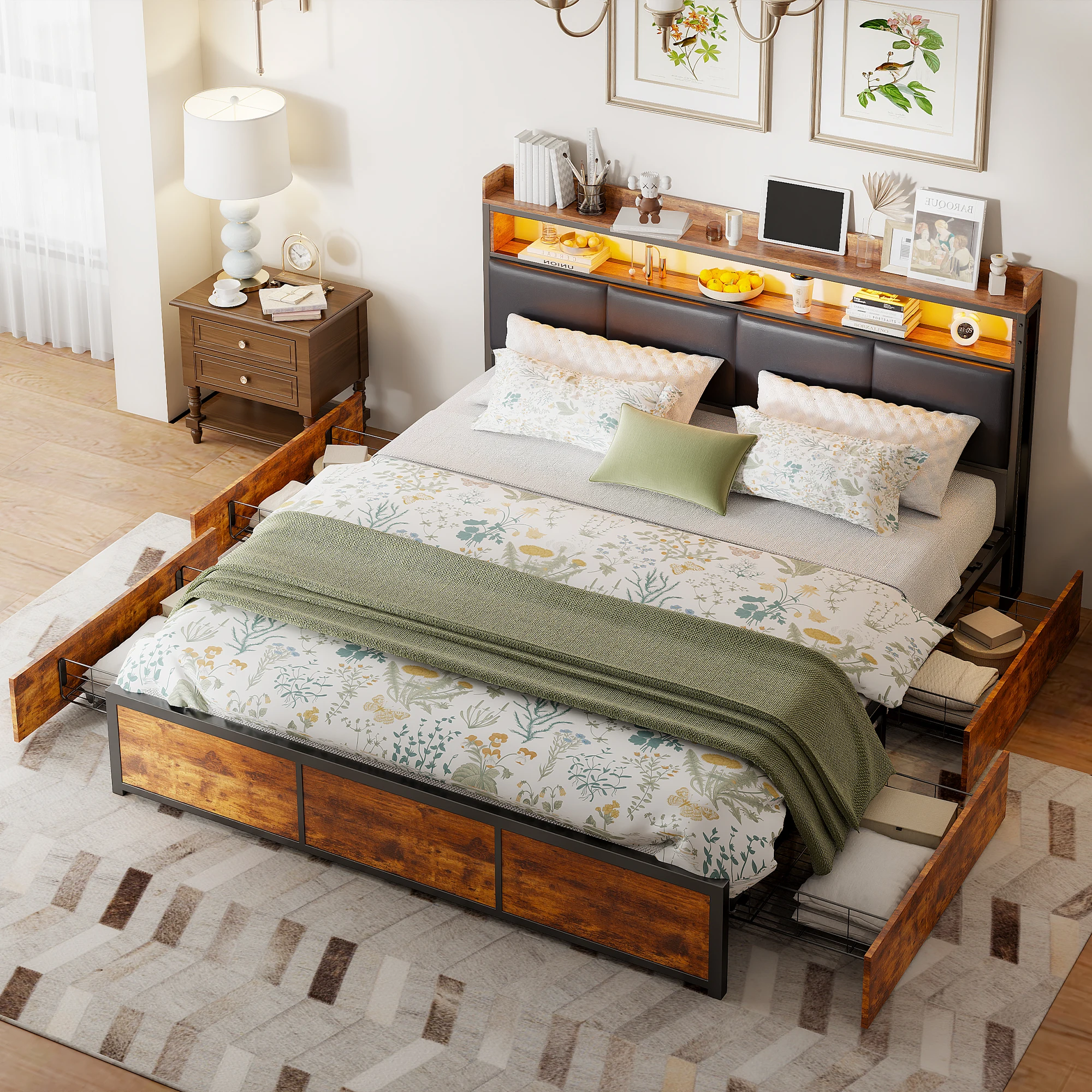 Letto con cuscino Aura in legno, 180x200 cm, letto matrimoniale con struttura in ferro con luci a LED e 4 cassetti, letto imbottito con rete a doghe