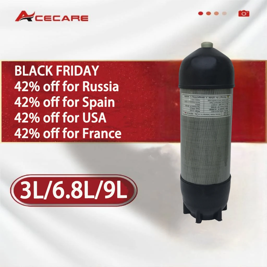 ACECARE 300Bar 4500Psi 30Mpa 9L ce HPA Carbon Fiber Cylinder with Rubber Protection Boots Scba Diving Air Tank M18*1.5