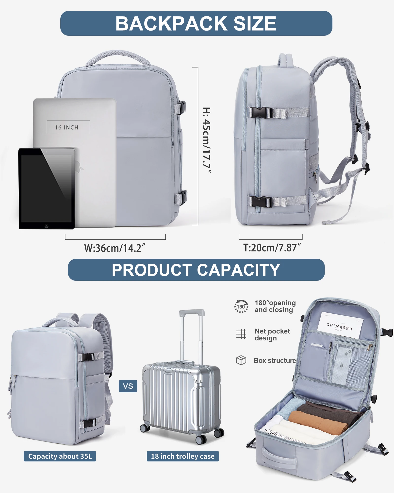 Travel Backpack For Women Men, 45x36x20, Airline Approved Carry On Bags for Personal Item, Business Weekender Laptop Backpack