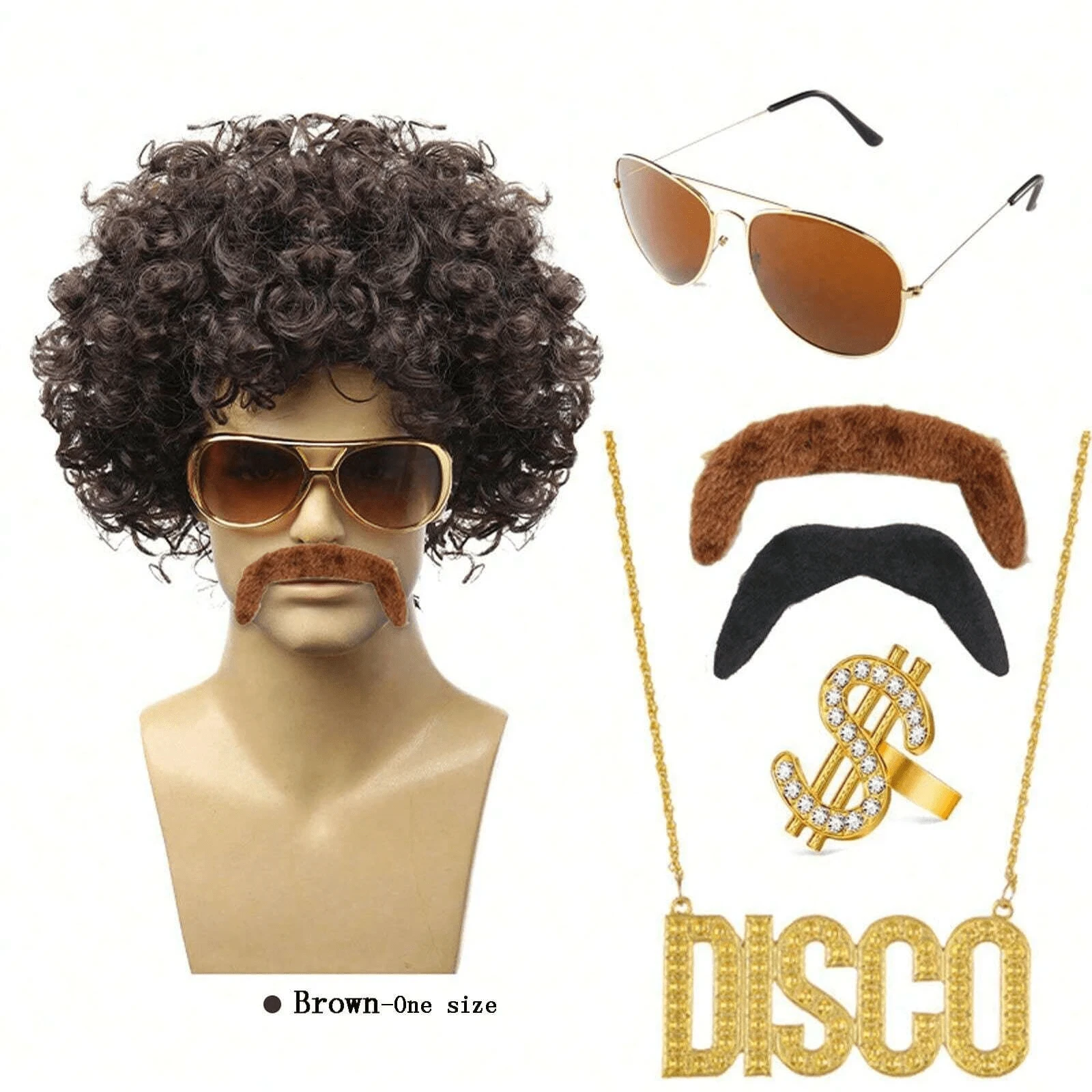 Disco Synthetic African Brown Wig Disco Wig Costume Set Includes Disco Hippie Short Curly Hair Wig For Men And Women Daily Party