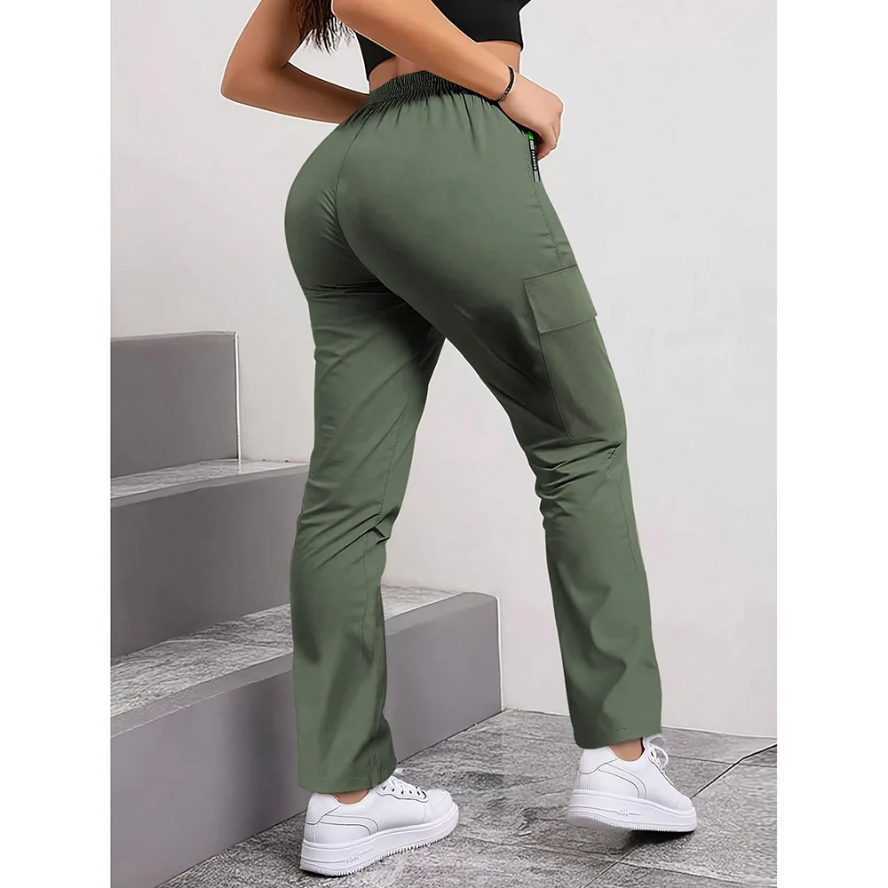 Schlanke Einfarbige Cargo-Hose für Damen Frühling Buchstabendruck Patch Schickes Design Freizeithose Büro Mode Reißverschlusstasche Gerade Hose – Detail 8