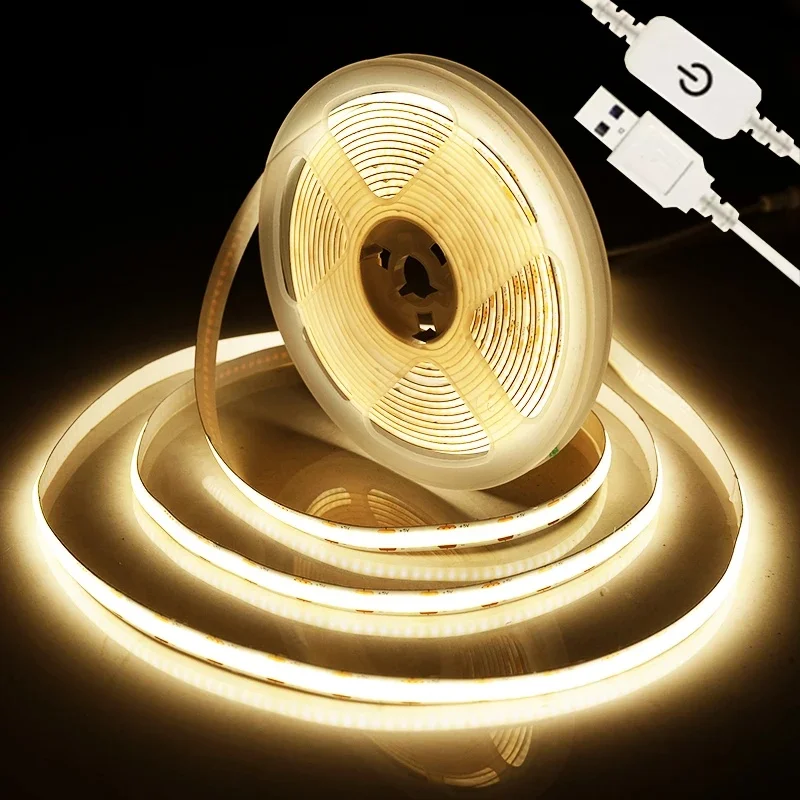 5V USB Dimmable COB LED Strip Light，1/2/3/5M White/Warmwhite COB LED Strip With Touch Dimmer Switch For Kitchen Cabinet Lighting