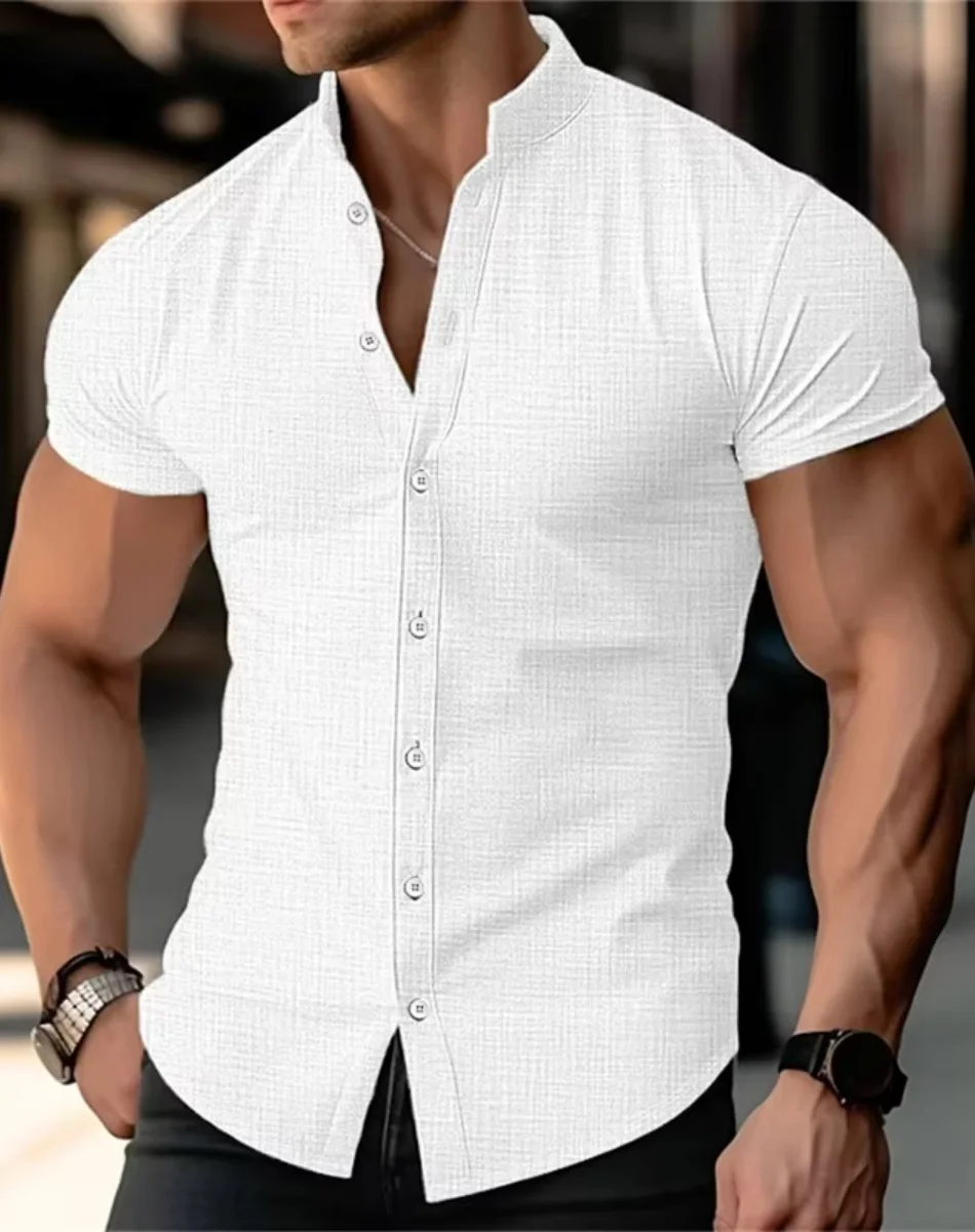 Летние мужские рубашки из хлопка и льна Повседневные рубашки с коротким рукавом Однотонные рубашки с лацканами и воротником-стойкой Формальные пляжные рубашки мужские Clo