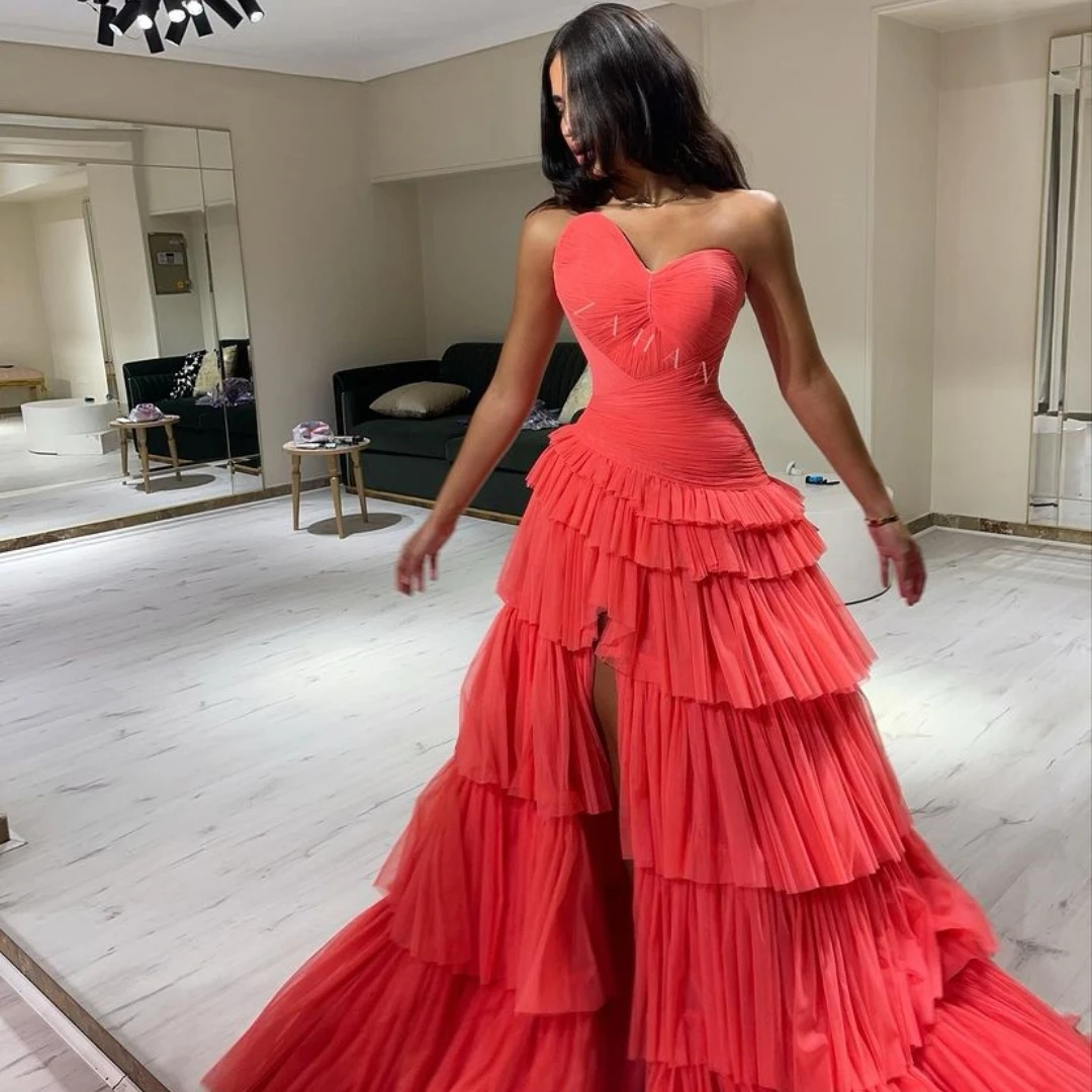 Fairytale V-Neck Prom Dresses Sleeveless High Fork Floor-Length Red Layered Wedding Party Zipper Up Tulle Stain 2023