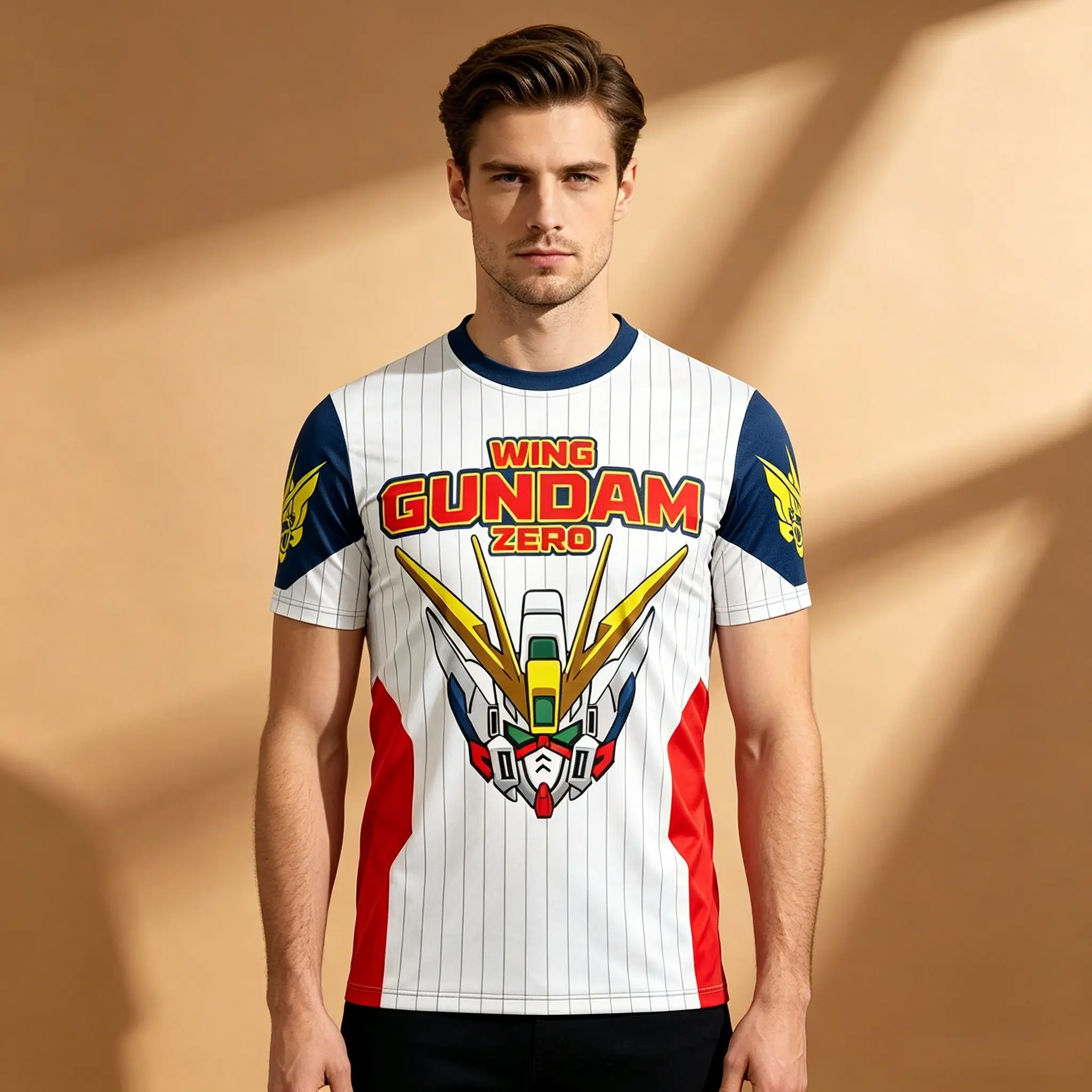 Herren-T-Shirt mit gestreiftem, doppelseitigem Gundam-Grafikdruck, Wing Zero Mecha-Kopf-Print vorne, WING ZERO Nummer 00 auf der Rückseite, blau-roter Raglan-Ausschnitt