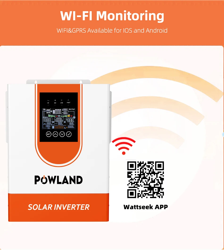 POWLAND 9000VA Hybrid-Solarwechselrichter 48VDC 7000W MPPT 120A 60-500VDC PV-Eingang Reiner Sinuswellen-Wechselrichter mit WIFI-Unterstützung BMS – Detail 6