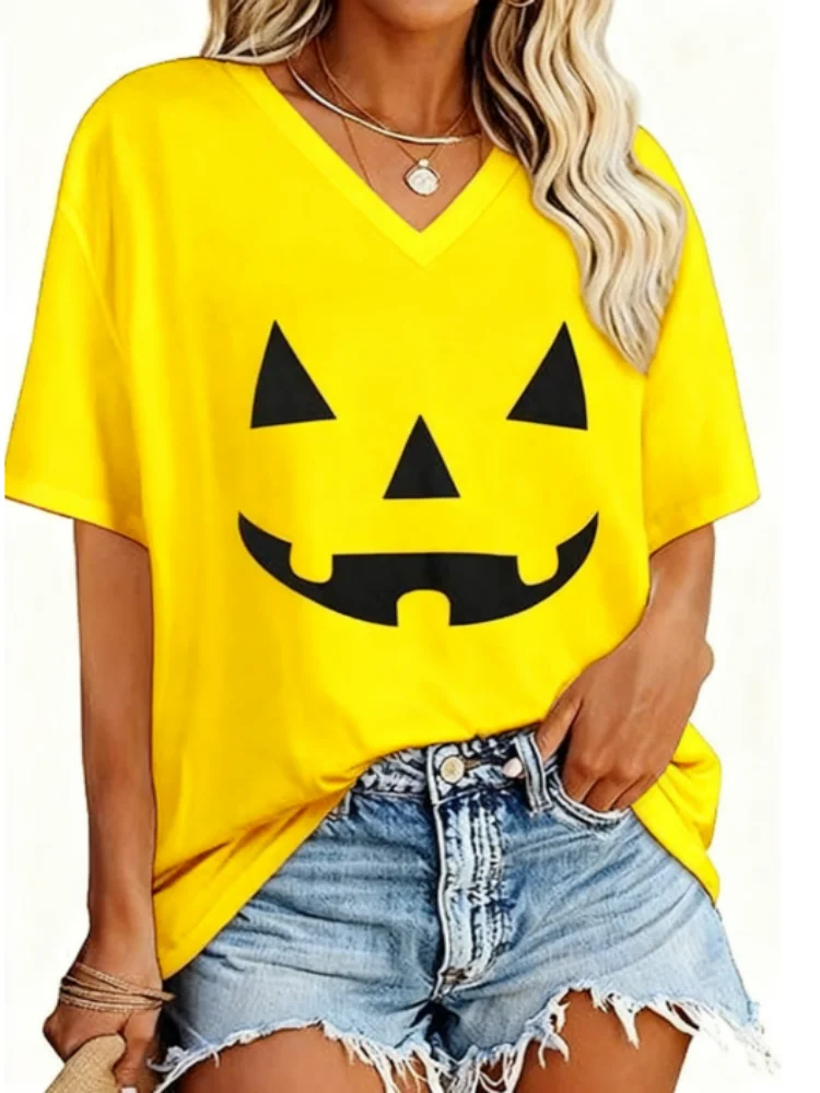 تيشيرتات كبيرة الحجم مصنوعة من القطن بنسبة 100% للنساء بياقة على شكل V وأكمام قصيرة وطبقة أساسية شتوية كاجوال فضفاضة