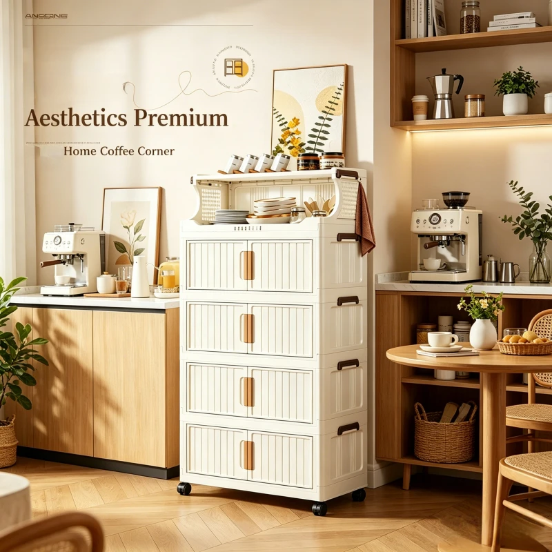 Foldable wheeled coffee corner storage cabinet, white plastic stackable storage cabinet, with magnetic door, multi-layer rolling storage cart, suitable for storage room, bedroom, living room, bathroom