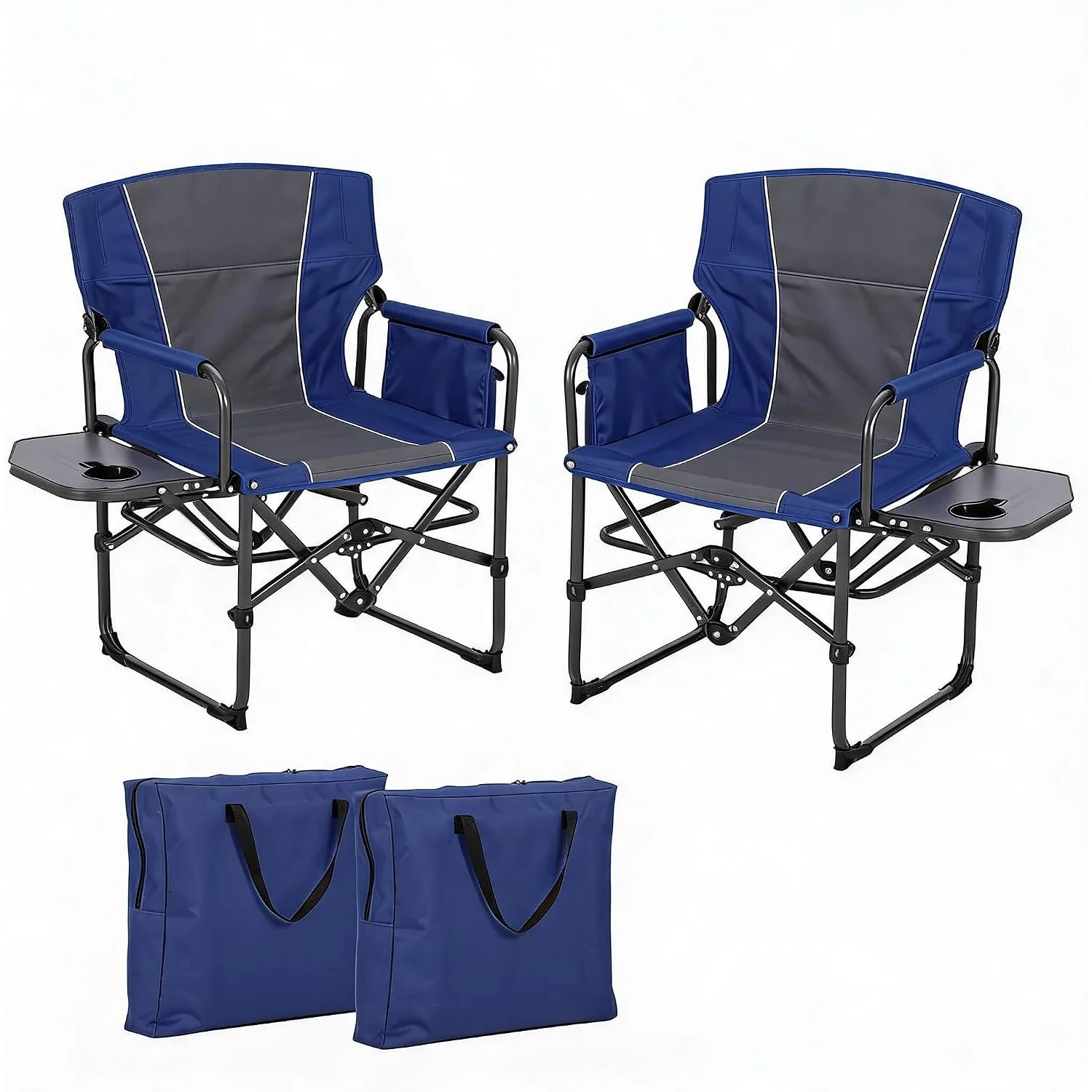 Lot de 2 chaises de direction extra-larges, chaises de camping pliables portables pour adultes (poids maximal 180 kg), chaises de jardin robustes avec table d'appoint, idéales pour le camping, le sport, les pique-niques, la plage et la pêche.