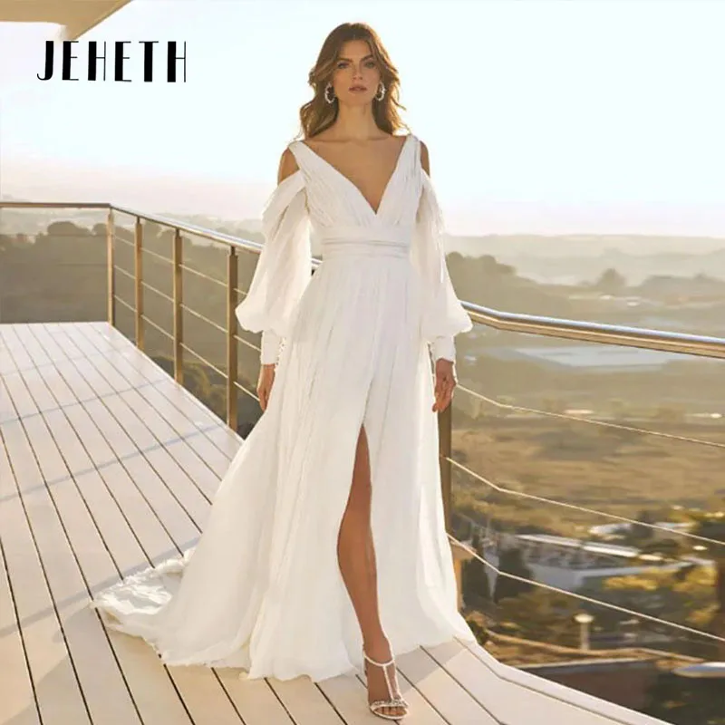 JEHETH V-Neck Wedding Dress Side Slit Puff Sleeves Bridal Gown Sexy Backless Chiffon Pleat Floor Length Vestidos De Novia