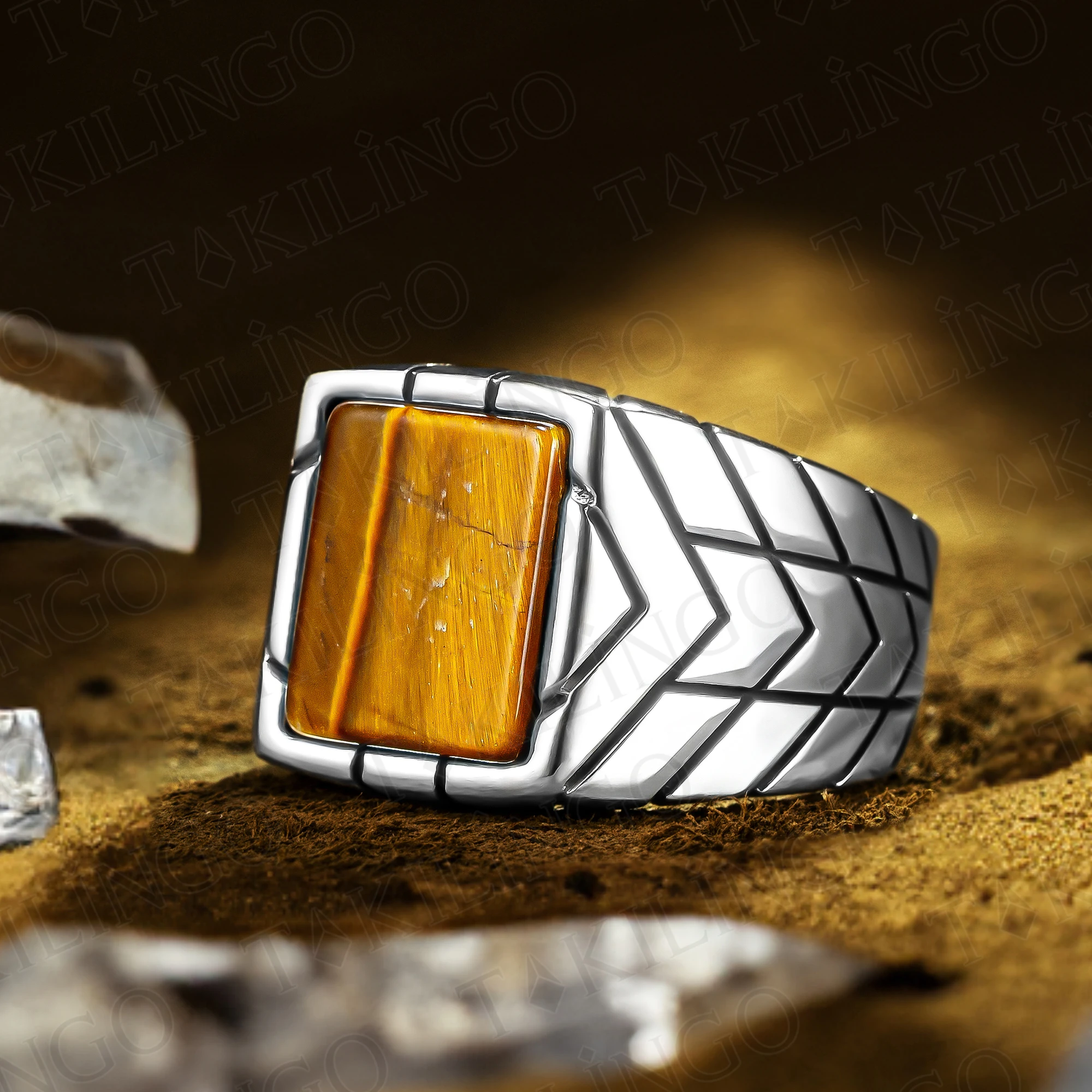 

925 Sterling Silver Brown Tiger Eye Stone Men's Ring Biker Lined Signet Ring