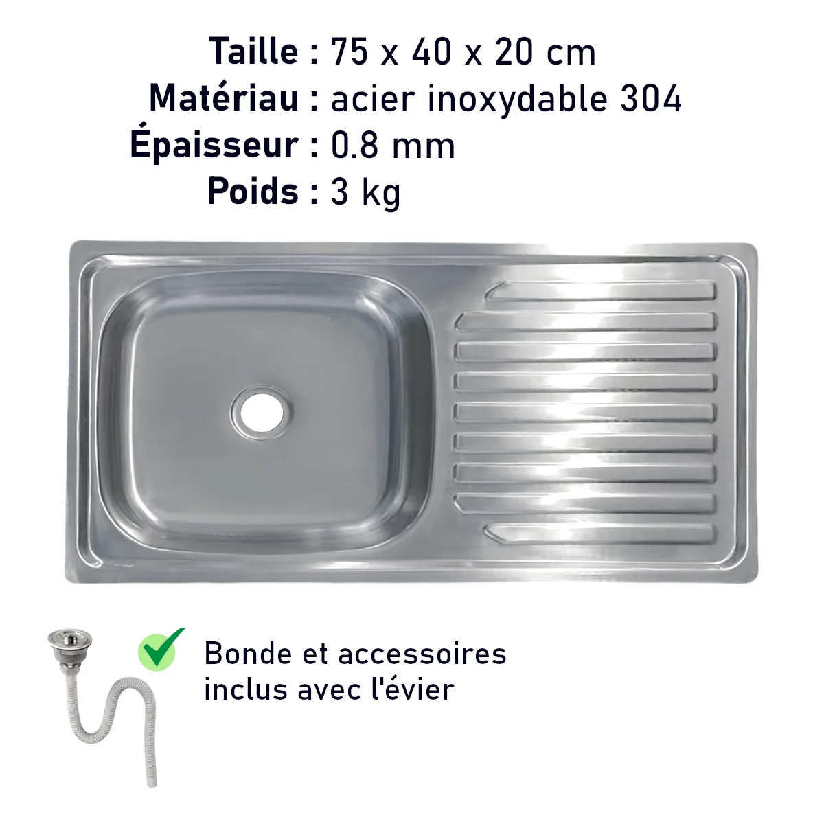 Lavello da cucina 1 vasca integrata in acciaio inox 0,8mm-75x40x20cm
