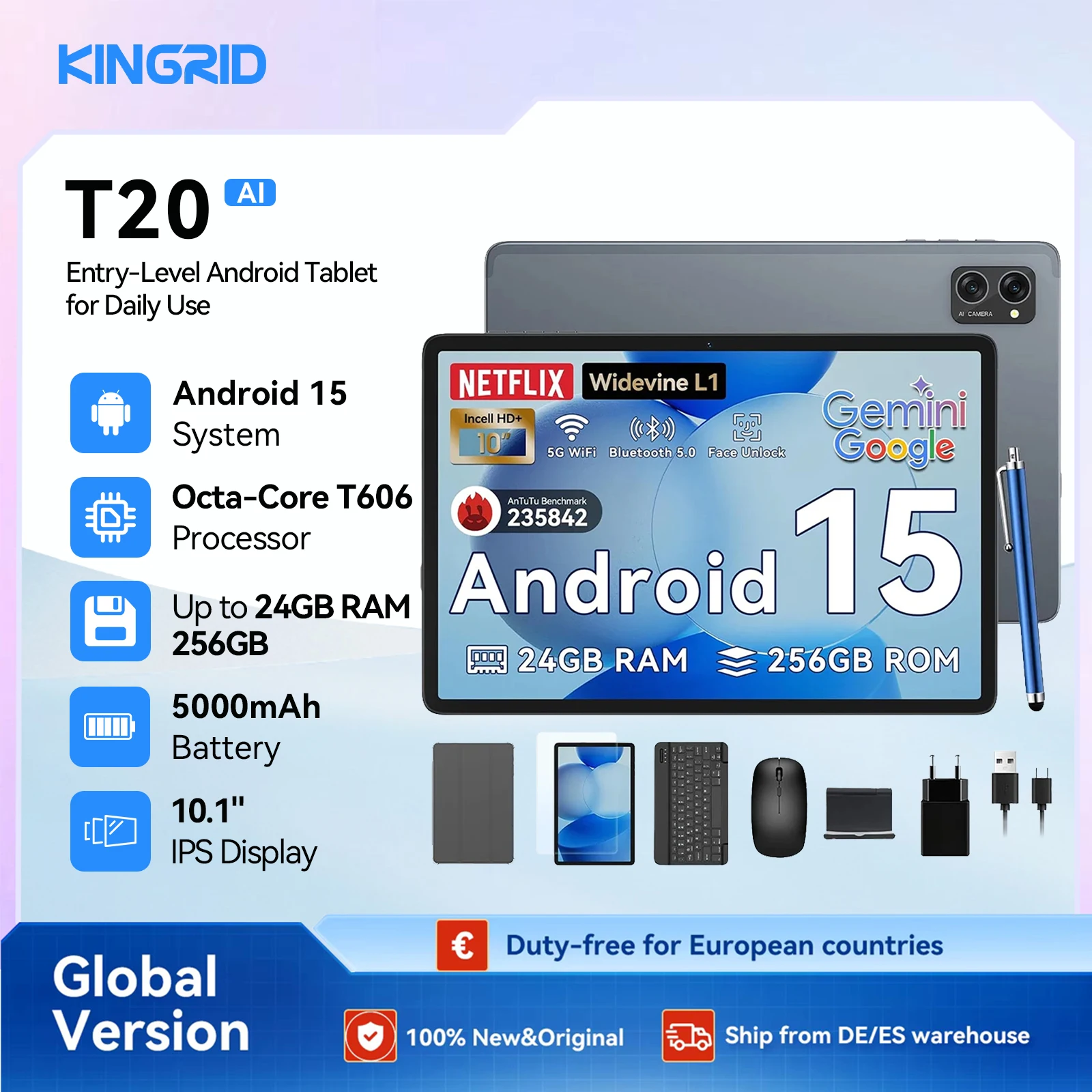KINGRID T20 Android 15 Tablet PC 10.1 Inch HD IPS Screen 24GB RAM