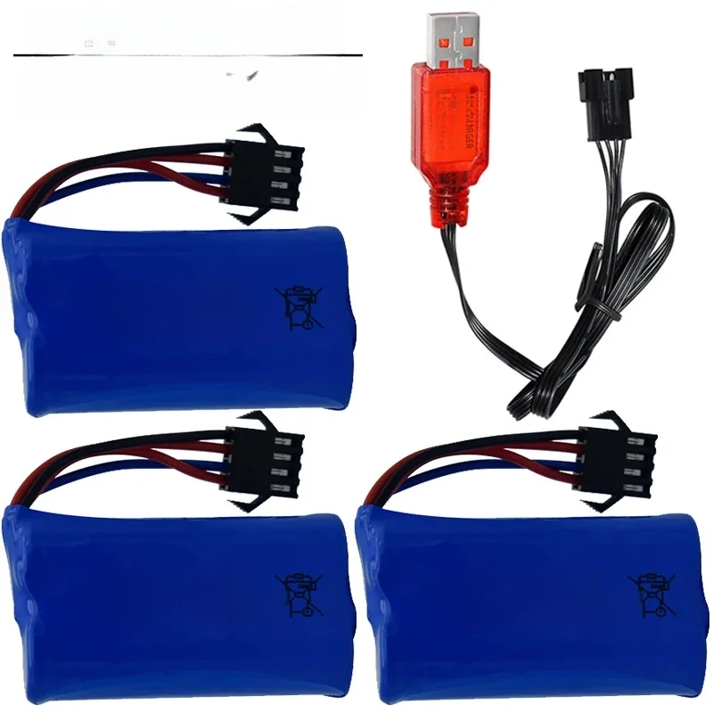 Akumulator litowo-jonowy 7.4V 1400mAh 14500 / Z wtyczką SM4P / Ładowarka USB do pistoletów na wodę, ciężarówek RC, statków, helikopterów, zabawek, akcesoria do akumulatorów. — zdjęcie produktu 7