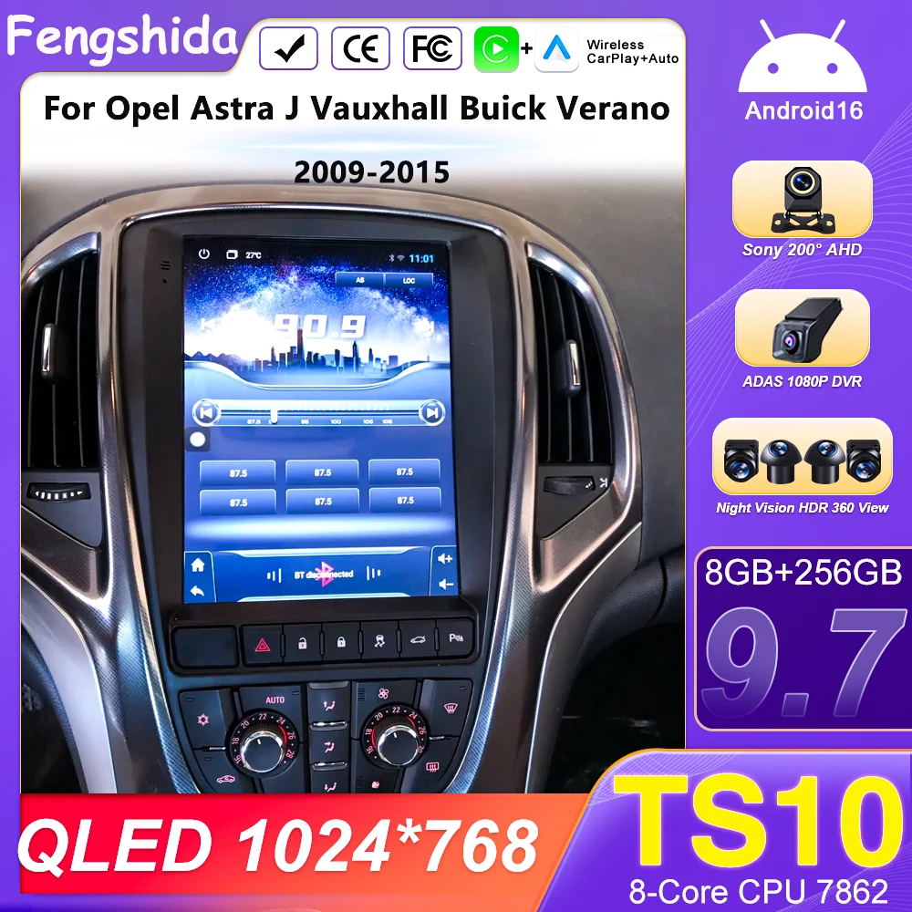 Android 16 Carplay para Opel Astra J Vauxhall Buick Verano 2009-2015 9,7 pulgadas reproductor Multimedia de coche 5G Wifi pantalla Android Auto