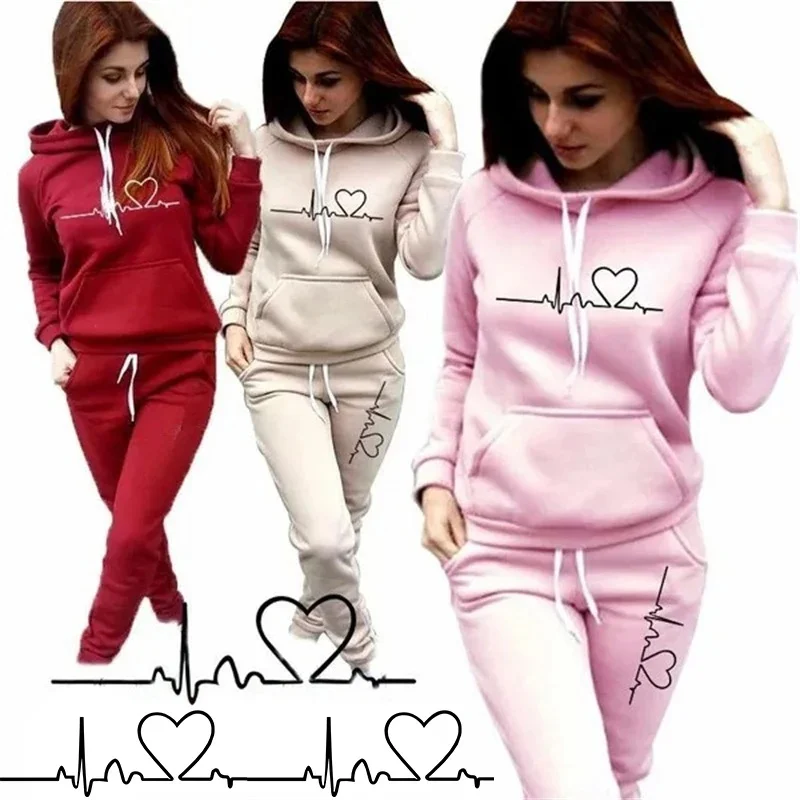 Nowa zabawna bluza damska z nadrukiem Heartbeat Line Spodnie z kapturem Garnitur Damska bluza do biegania Dwuczęściowy zestaw — zdjęcie 2
