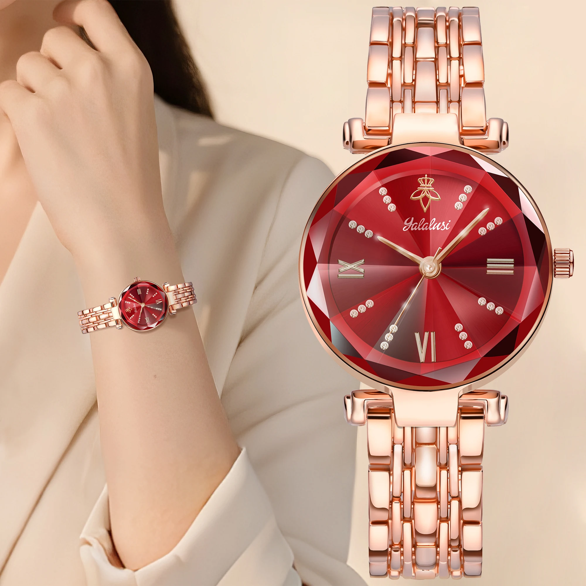 YaLaLuSi Brand 1-Piece Women's Fashion Rhinestone Rose Gold Quartz Wristwatch Work | Everyday | Trendy | Women's Gift