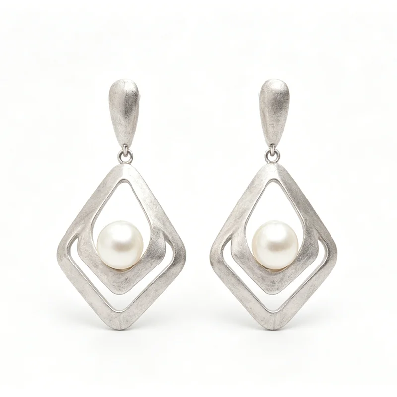 Minimalist Double Layer Rhombus 925 Sterling Silver Geometric Drop Earring Natural Pearl Hand Brushed Matte Silver Earring Gift