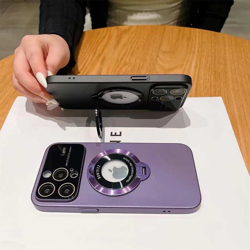 Magnetic Stand Phone Case For iPhone 14 13 12 11 Pro Max 14Plus With Lens Protection Matte Soft Skin Cover For Magsafe Charger