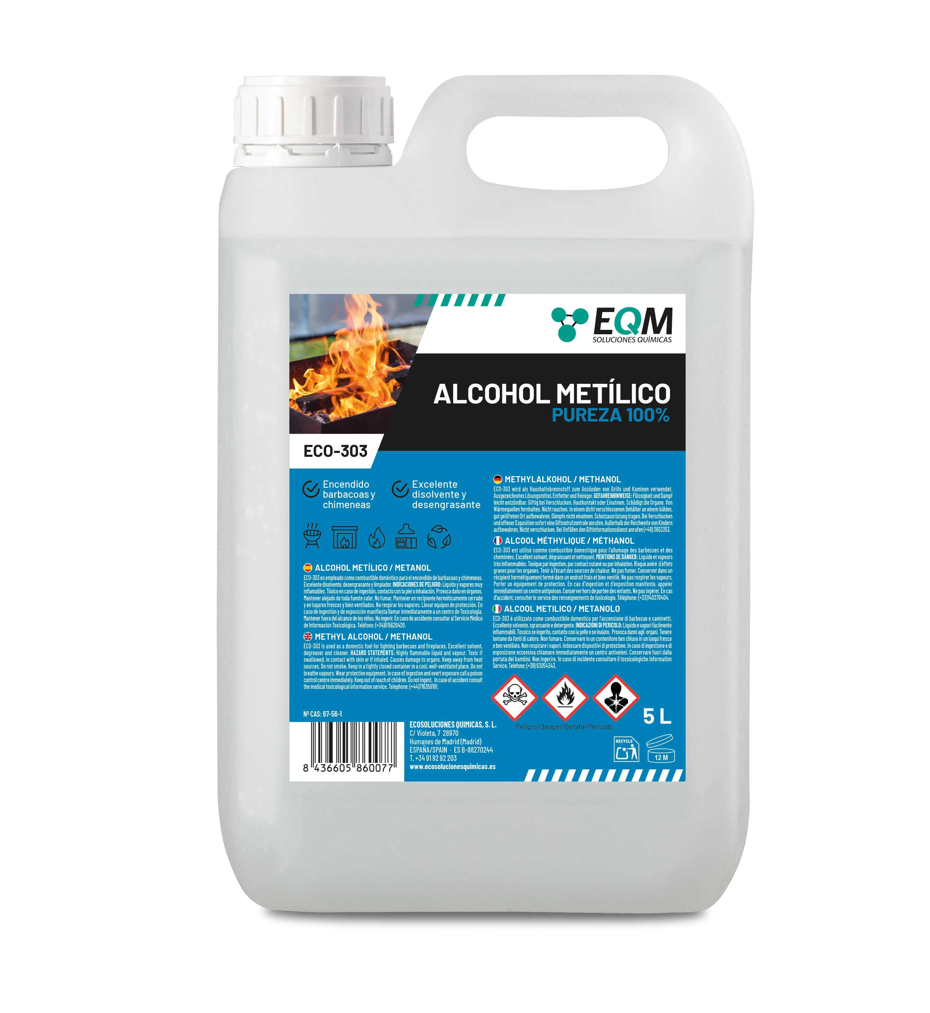 EQM - ECO-303 - Alcohol Metílico 99% Pureza - Metanol - Combustible chimeneas y barbacoas - Disolvente industrial, desengrasante