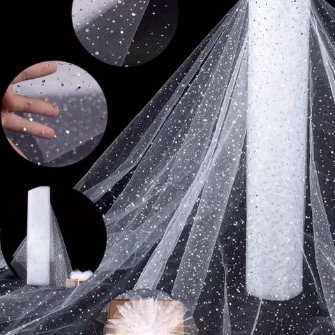 White Glitter Tulle Fabric, Available in Sizes 1, 5, or 10, Perfect for Adding Sparkle to Wedding Decorations