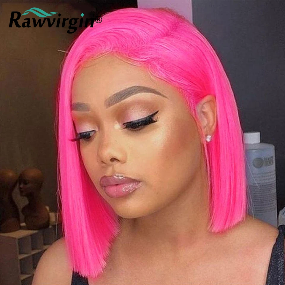 200% 13x4 Hot Pink Short Bob Wig Raw Lace Front Human Hair Wigs 613 Colored Virgin Human Hair Silky Straight Transparent Lace