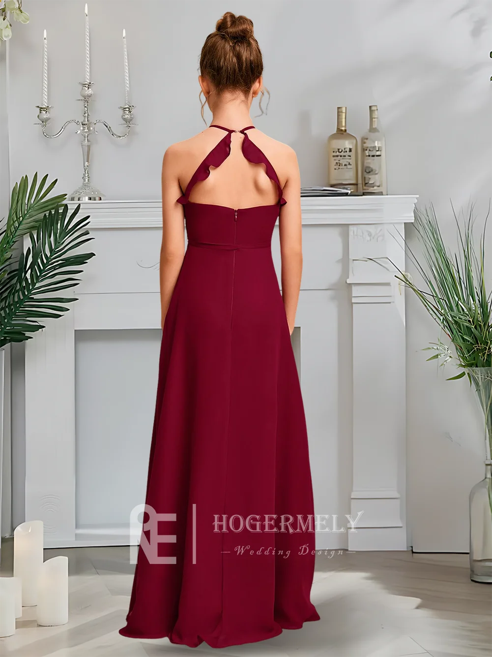 

A Burgundy A Line Junior Bridesmaid Dress Flower Girl Dress Chiffon Halter Floor Length Girls Party Wedding Party Formal Wear