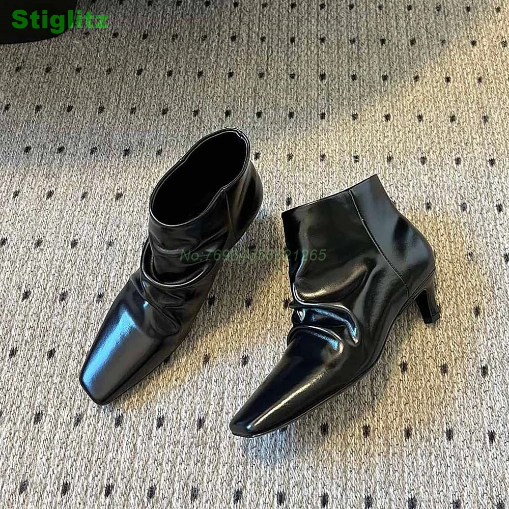 

Pleated Cat Heel Ankle Boots Solid Black Patent Leather Women Shoes Square Toe Low Heel Fashion Street Heel Fashion Novelty