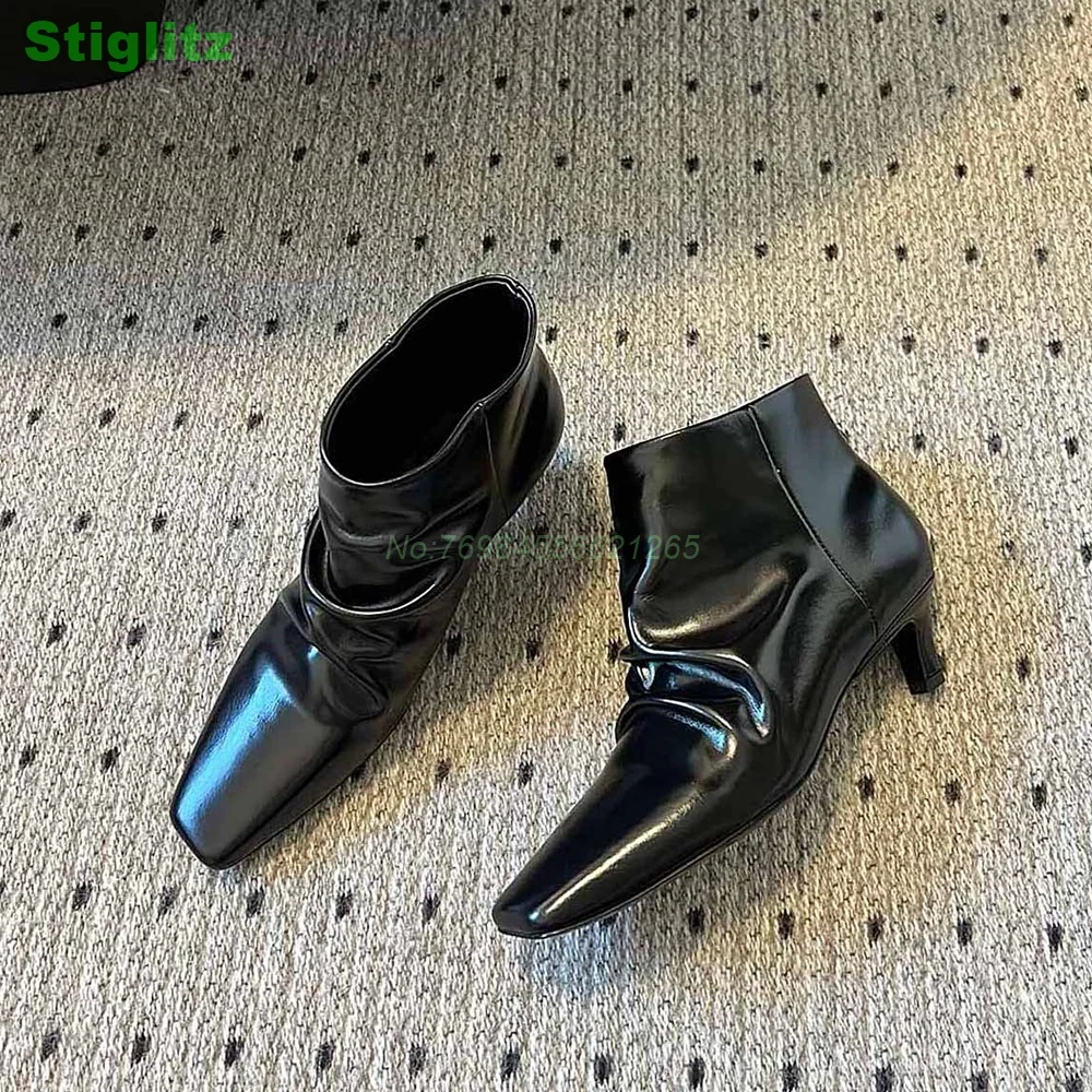 Pleated Cat Heel Ankle Boots Solid Black Patent Leather Women Shoes Square Toe Low Heel Fashion Street  Heel Fashion Novelty