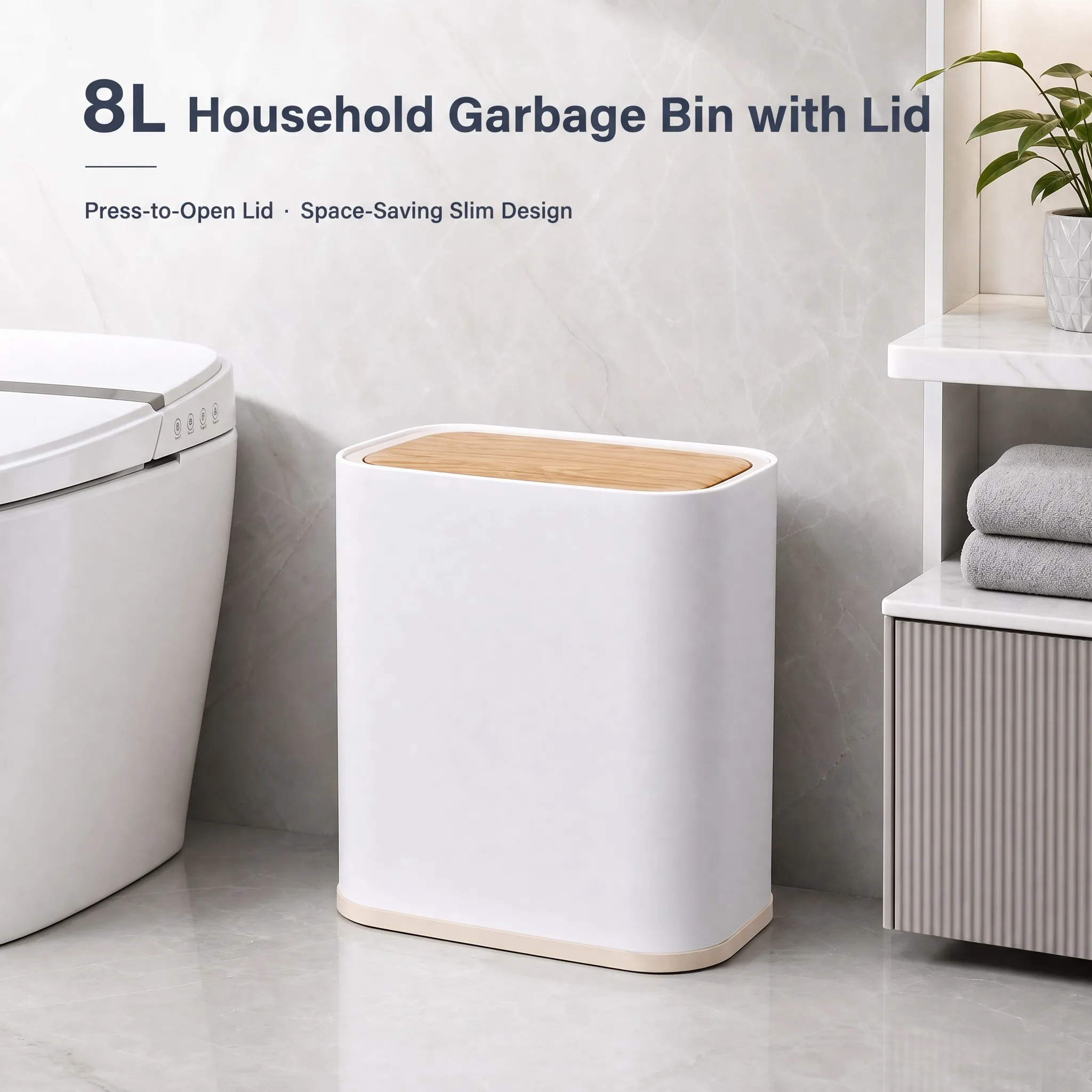 8L Household Garbage Bin with Lid Press to Open Lid with Pulley for Movement Suitable for Bathroom Kitchen Living Room Bedroom