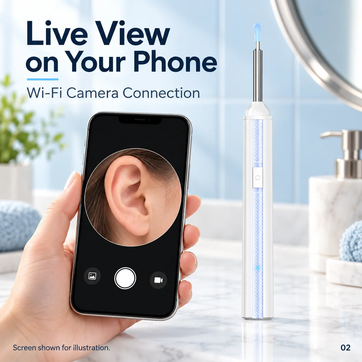 WiFi Ear Cleaner with Camera, 6 Silicone Replacement Tips, USB-C Rechargeable, One-Button Control, Slim Pen Design