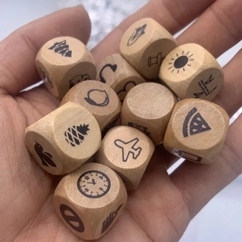 Jeu de société de dés en bois 10 pièces/ensemble, Puzzle pour raconter des histoires, famille/fête/amis Parents avec sac