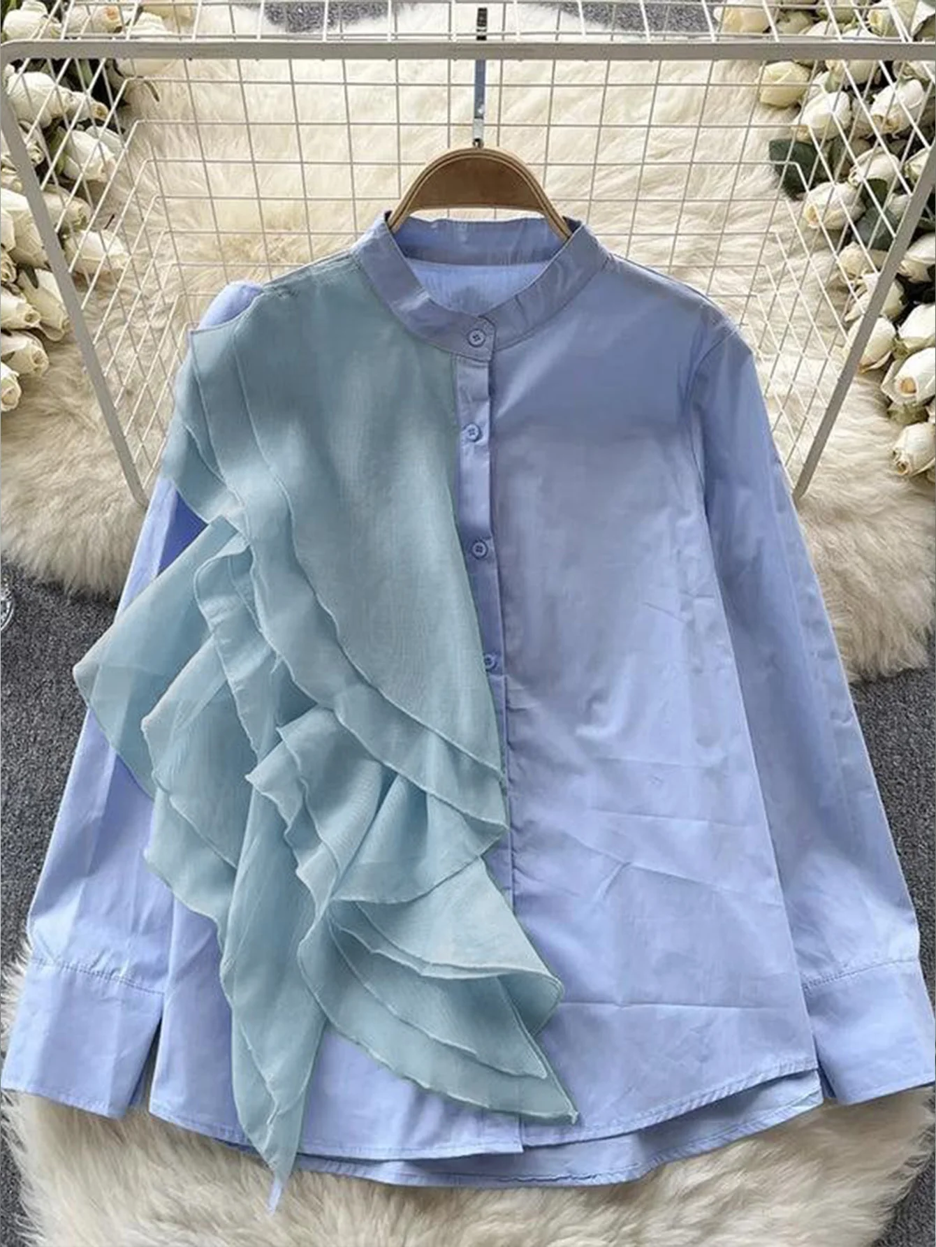 

Women Solid Color Blouse, Button Front Shirt With Ruffle Trim, Elegant Casual Fashion Daily Tops