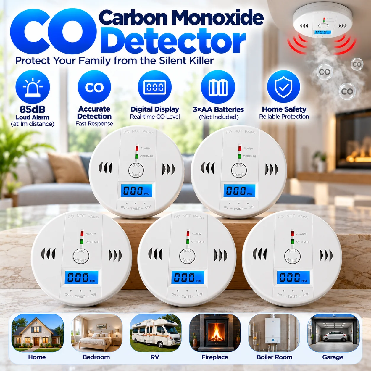 1/2/3/4/5PCS LCD CO Carbon Monoxide Detector Built In 85dB Sound To Highly Sensitive Poisoning Warning Alarm Sensor 50-300PPM