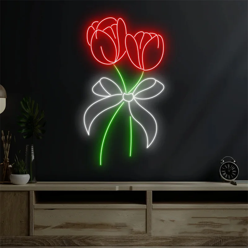 Letrero de neón de pajarita de tulipán, letrero Led de flor de tulipán, letrero de neón personalizado, decoración de pared de tienda de tulipán, arte de tienda de flores, regalos para amantes de las flores