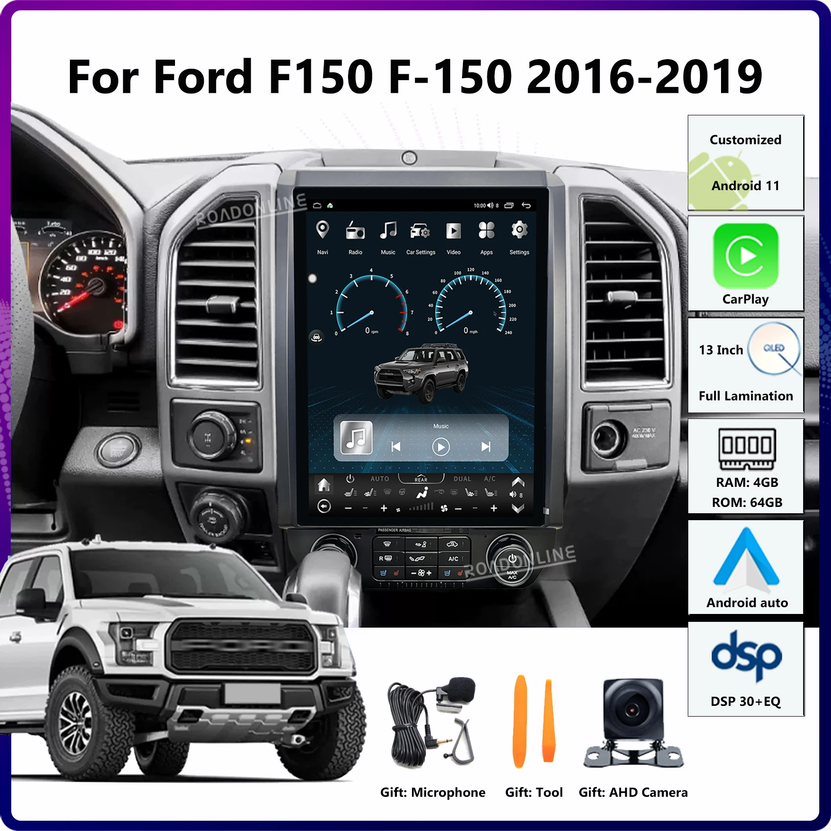 

13-дюймовый экран Tesla Style Android 12 для Ford Raptor F-150 F150 2015-2020, автомобильный GPS-стерео, радио, мультимедийный видеоплеер CarPlay