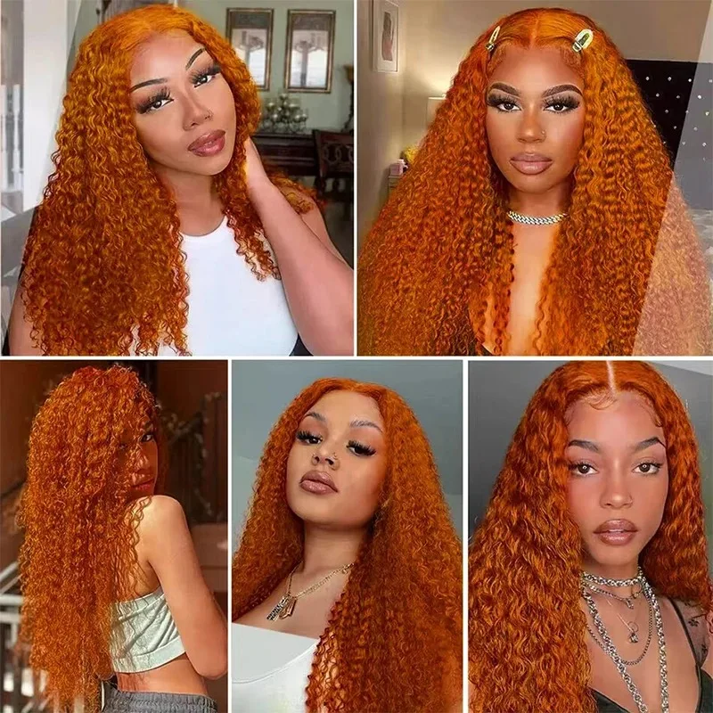 220 densidade gengibre laranja encaracolado perucas de cabelo humano 30 32 Polegada 13x4 peruca dianteira do laço 350 colorido onda profunda hd laço frontal para mulher