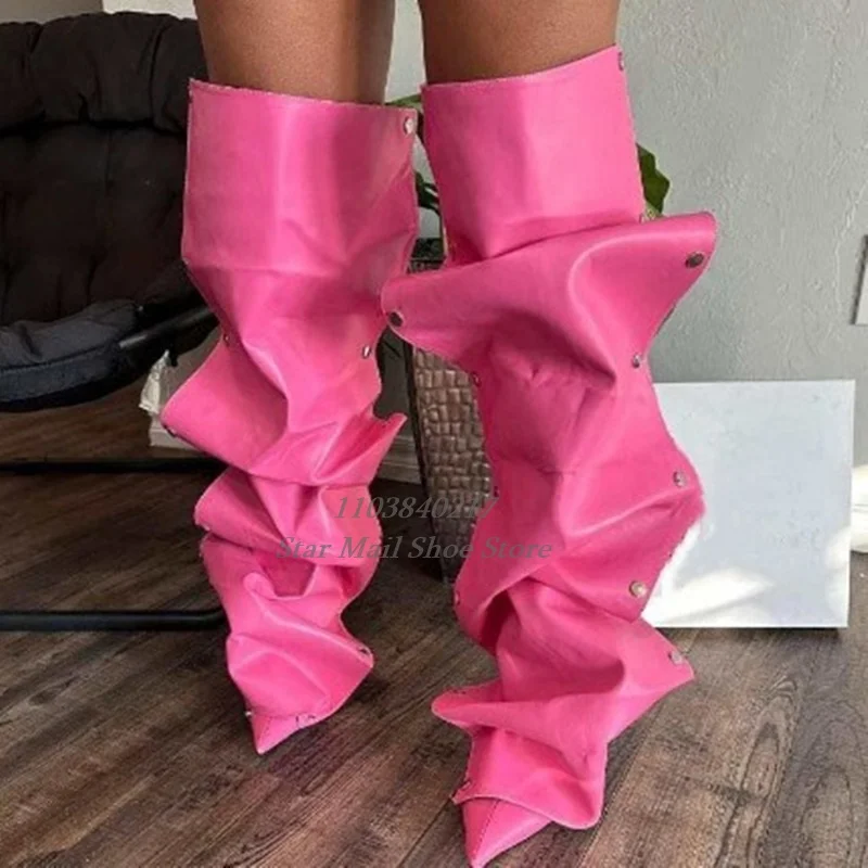 Women's Pointed Pleated Denim Boots Metal Decorative High Heel Brown Knee Length Sexy Luxury Banquet Zipper Boots Autumn Catwalk